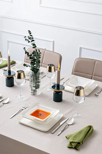 İstanbul Porselen Nadide 18 Parça 6 Kişilik Kare Yemek Takımı Gold