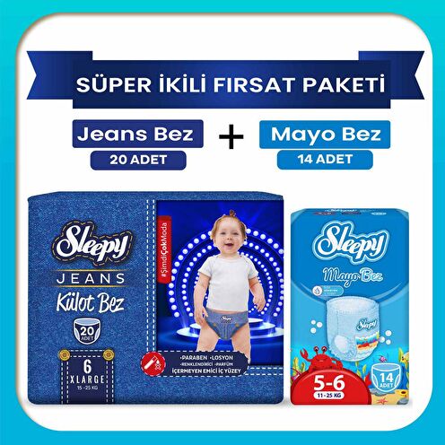 Sleepy Süper ikili Fırsat Paketi(Jeans Külot Bez 6 Numara 20 Adet + Mayo Külot Bez 6 Numara 14 Adet)