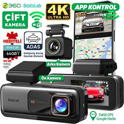 360+ G980H Ön Gerçek 4K 3840x2160p UHD - Arka 1080P FHD 170° Geniş Açı Lens Gece Görüşü Dahili Gps Modülü Akıllı Araç İçi Kamera