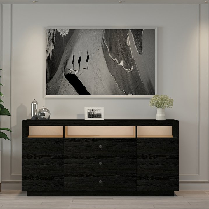 akoページ K003 Asil Led Işıklı, Dolaplı ve Çekmeceli Konsol Ahşap Siyah
