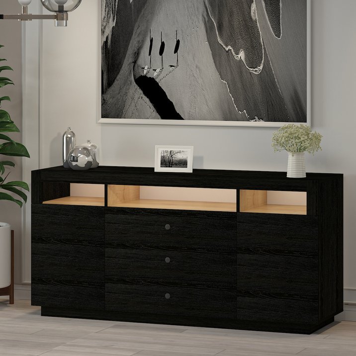 K003 Asil Led Işıklı, Dolaplı ve Çekmeceli Konsol Ahşap Siyah