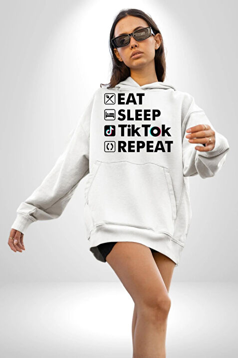 Tiktok Yemek Uyku Tekrar Et Kad n Erkek Beyaz Kapu onlu Sweatshirt Hoodie Fiyatlar ve Modelleri Pazarama