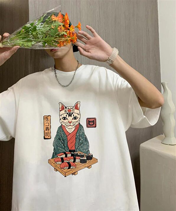 Sushi Cat Beyaz Unisex Oversize T shirt