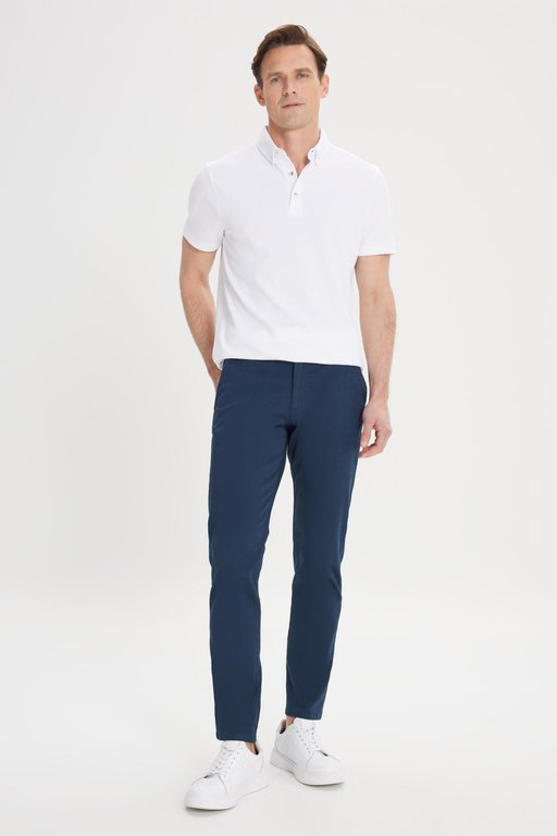 Erkek Lacivert Kanvas Slim Fit Dar Kesim Yan Cep Esnek Chino Pantolon - Görsel 4