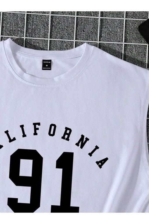 Erkek Beyaz California 91 Baskılı Kolsuz T-shirt - Görsel 4