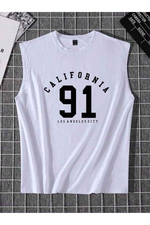 Erkek Beyaz California 91 Baskılı Kolsuz T-shirt - Görsel 5