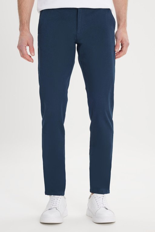 Erkek Lacivert Kanvas Slim Fit Dar Kesim Yan Cep Esnek Chino Pantolon - Görsel 3