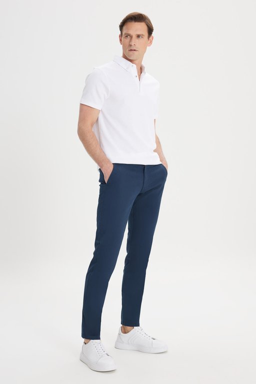 Erkek Lacivert Kanvas Slim Fit Dar Kesim Yan Cep Esnek Chino Pantolon - Görsel 5
