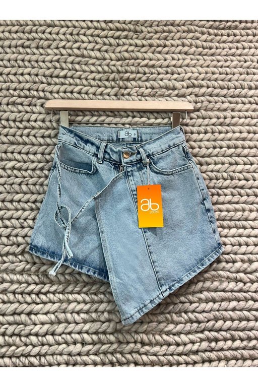 Kadın Mavi Yandan Bağlamalı Kapaklı Denim Şort Etek %100 Pamuk Kot Yeni Sezon Jean Mini Şort Etek - Görsel 4