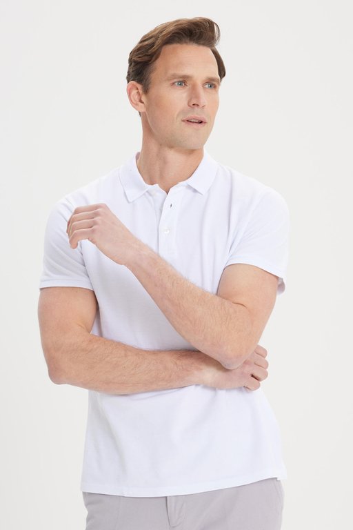 Erkek Beyaz %100 Pamuk Kıvrılmaz Yaka Slim Fit Dar Kesim Polo Yaka Kısa Kollu Tişört - Görsel 6
