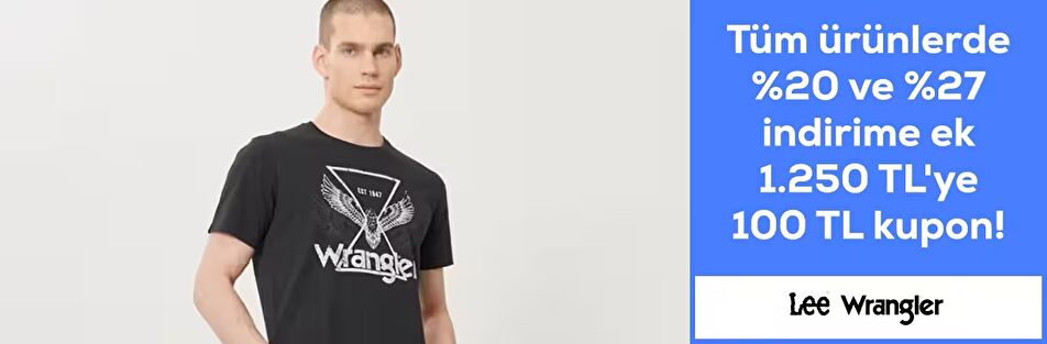 Lee Wrangler seçili ürünlerde 400 TL ve üzeri %20-27 indirim ve 1250 TL'ye 100 TL kupon indirimi